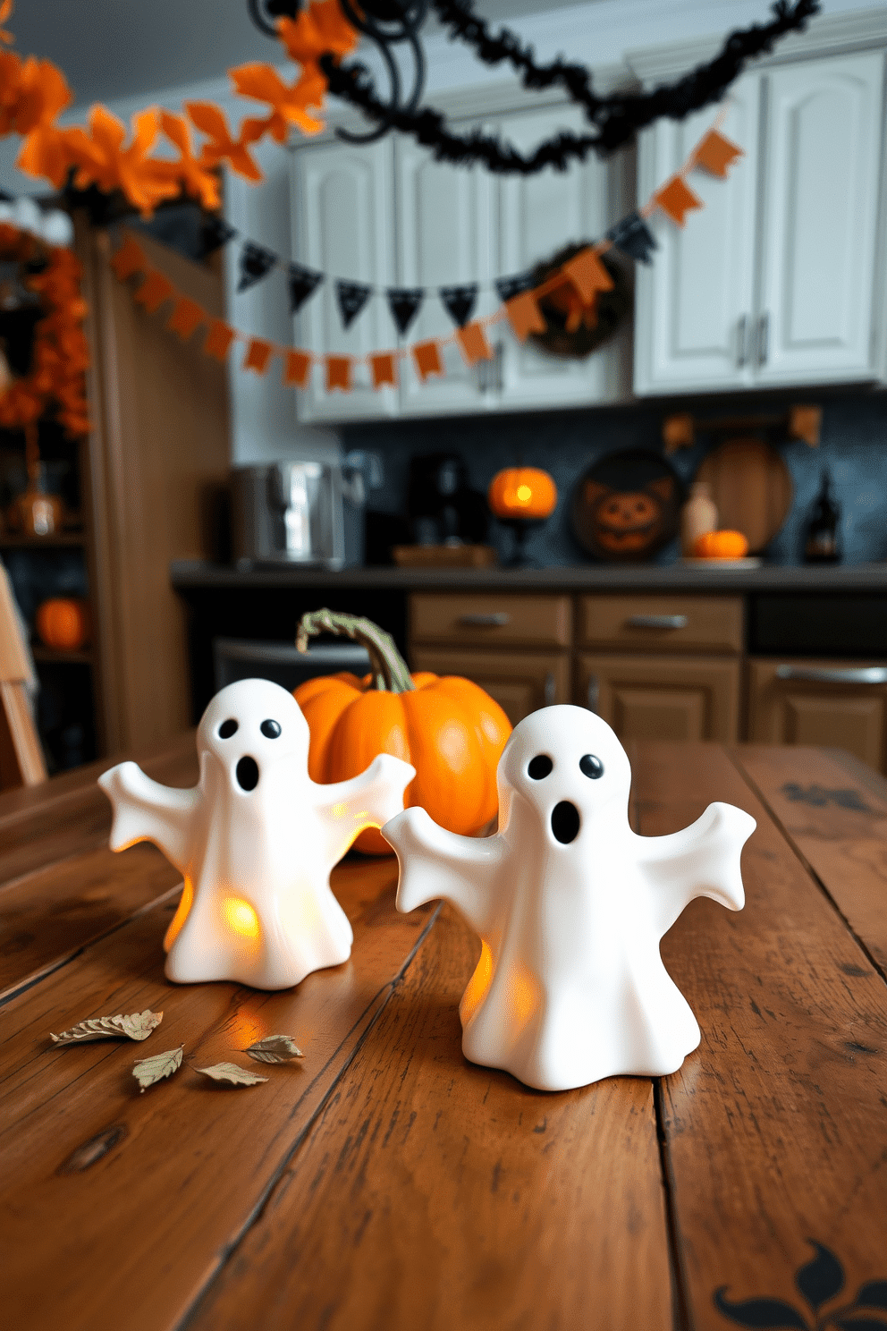 Create a whimsical Halloween kitchen scene featuring spooky ghost tea light holders. The holders are made of white ceramic and have playful expressions, casting a warm glow as they sit on a rustic wooden dining table. In the background, hang festive decorations like orange and black garlands. The kitchen is adorned with pumpkins and autumn leaves, creating a cozy yet eerie atmosphere perfect for Halloween gatherings.