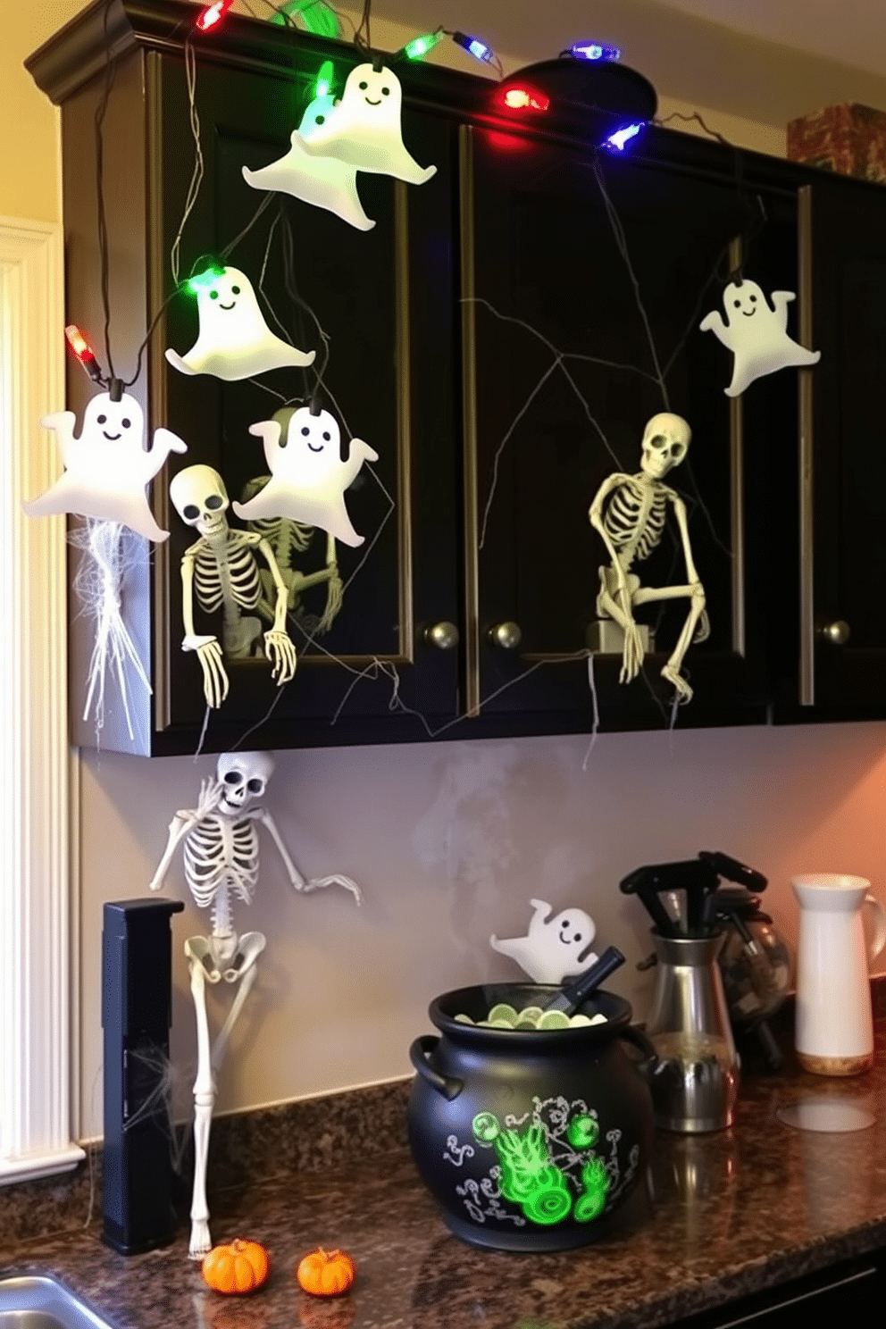 Skeletons peeking from cabinets create a playful and spooky atmosphere in the kitchen. The cabinets are adorned with cobwebs and small pumpkins, enhancing the Halloween theme. A cauldron filled with faux potion bubbles sits on the countertop, adding an eerie touch. Colorful string lights in the shape of ghosts hang above, casting a warm glow over the festive decor.