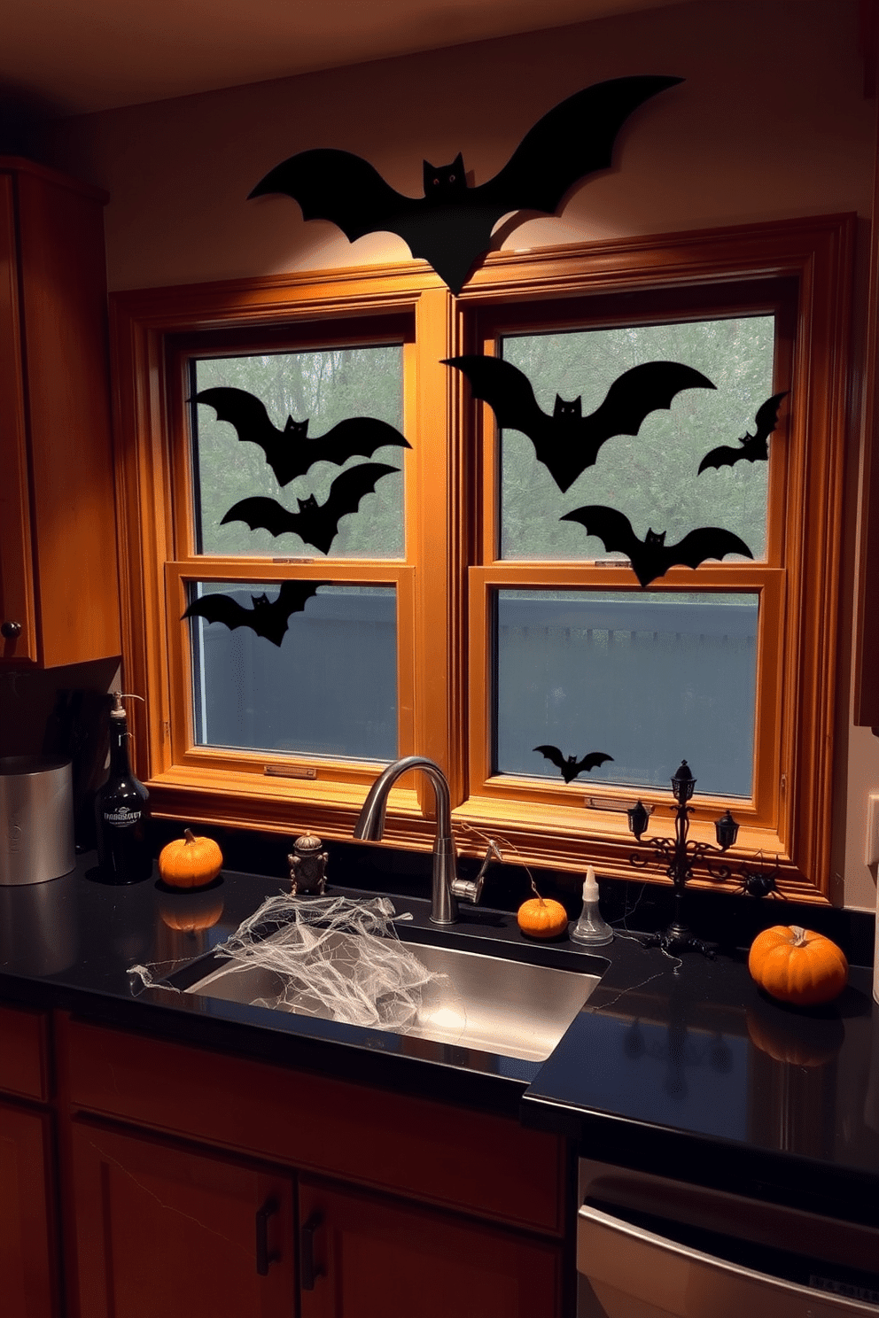 A cozy kitchen setting during Halloween. Bat silhouettes are artfully arranged on the windows, casting playful shadows across the space. The kitchen features warm wood cabinetry paired with a black countertop. Festive decorations like miniature pumpkins and spider webs add a whimsical touch to the overall decor.