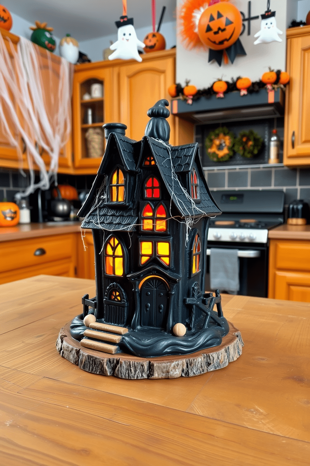 A spooky haunted house cookie jar sits on a rustic wooden kitchen countertop. The jar is intricately designed with dark colors and eerie details, perfect for adding a touch of Halloween charm. The kitchen is adorned with festive Halloween decorations, featuring cobwebs draped across the cabinets and playful ghost ornaments hanging from the ceiling. A vibrant orange and black color scheme enhances the seasonal atmosphere, creating a fun and inviting space for holiday baking.