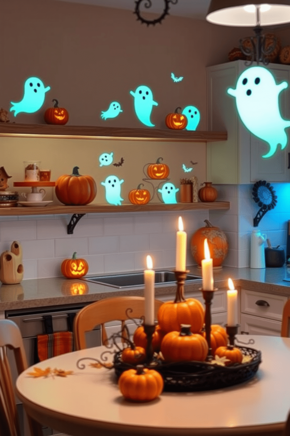 A whimsical kitchen setting featuring glow in the dark wall decals that create a playful atmosphere. The decals depict friendly ghosts and pumpkins, adding a festive touch to the space. The kitchen is adorned with warm autumn colors and seasonal decorations. A table centerpiece is filled with mini pumpkins and candles, enhancing the Halloween spirit.