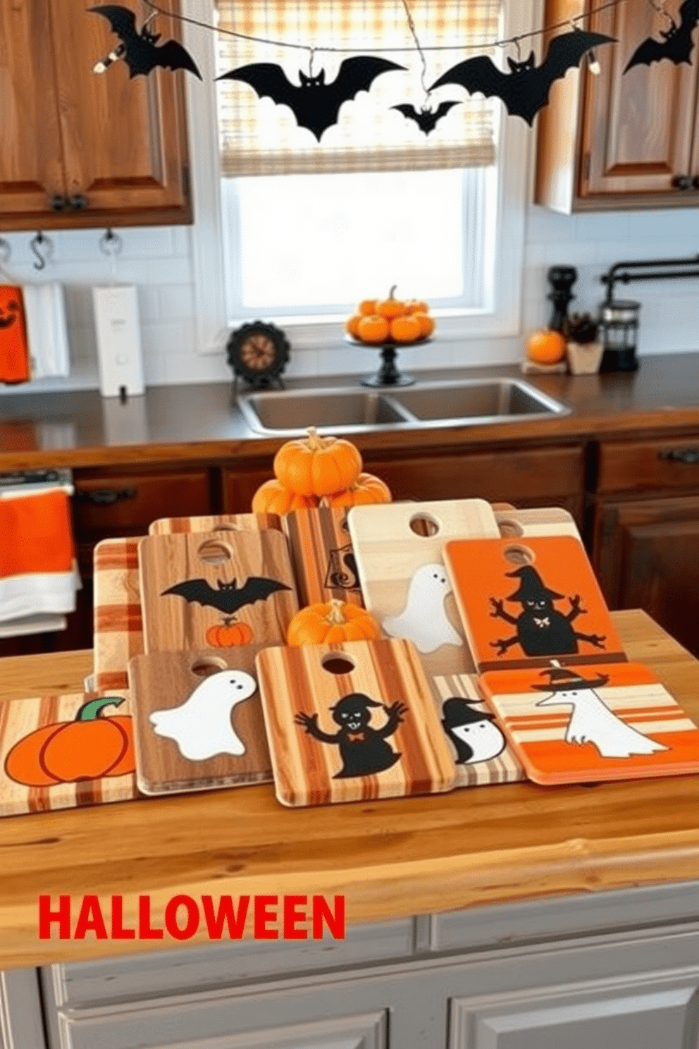 A collection of Halloween-themed cutting boards is displayed on a rustic wooden kitchen counter. Each board features unique designs such as pumpkins, ghosts, and witches, adding a festive touch to the kitchen. The kitchen is adorned with seasonal decorations, including orange and black dish towels and a centerpiece of miniature pumpkins. String lights in the shape of bats hang above the counter, creating a warm and inviting atmosphere for Halloween festivities.