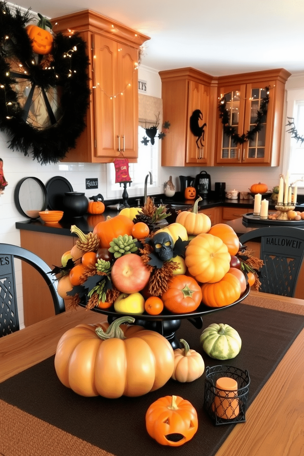 A seasonal fruit bowl overflowing with vibrant oranges, apples, and pumpkins is the centerpiece of a rustic kitchen table. The backdrop features warm wooden cabinets adorned with autumn-themed decorations and twinkling fairy lights. Halloween kitchen decorating ideas include hanging spooky garlands and placing carved pumpkins on the countertops. A black and orange color scheme is used throughout, with themed dishware and candles adding a festive touch.