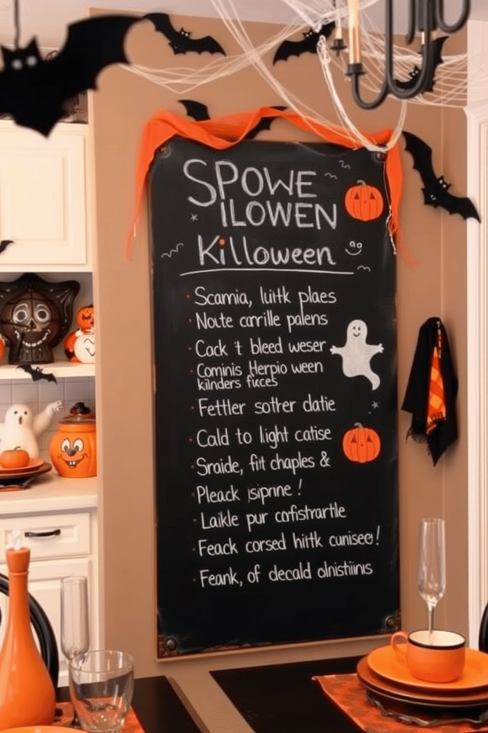 A chalkboard displays spooky menu ideas for a Halloween-themed kitchen. The board is adorned with playful illustrations of ghosts and pumpkins, creating a festive atmosphere. The kitchen features themed decorations such as cobwebs and hanging bats. Orange and black accents are incorporated through tableware and accessories, enhancing the Halloween spirit.