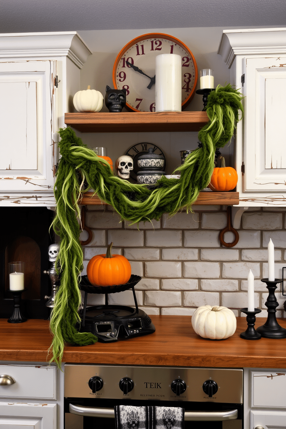 A whimsical Halloween kitchen adorned with a ghoulish garland draping elegantly from rustic wooden shelves. The shelves are filled with spooky decor, including carved pumpkins and eerie candles, creating a festive yet stylish atmosphere.