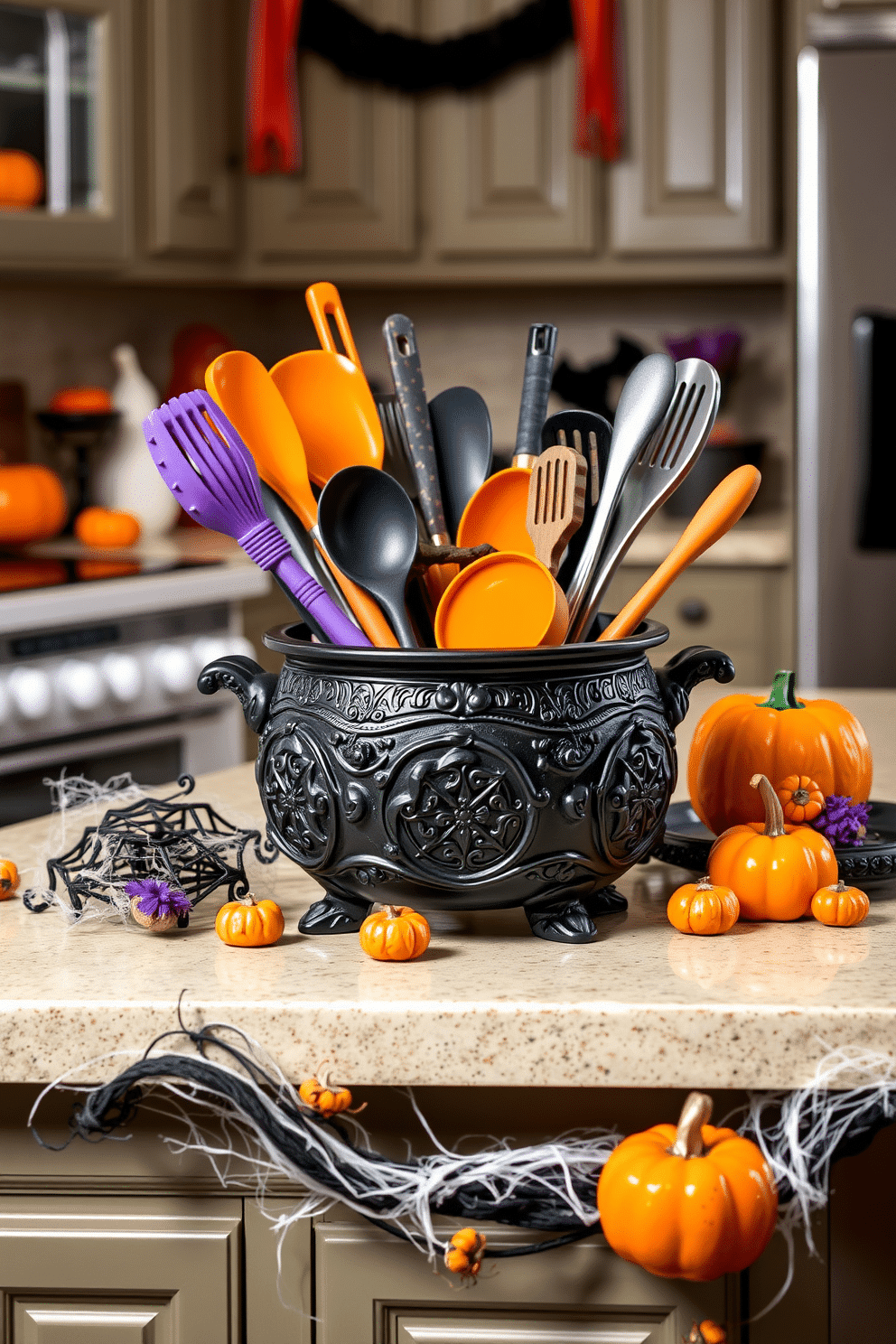 A decorative cauldron sits prominently on the kitchen counter, filled with assorted kitchen utensils. The cauldron is crafted from black cast iron, featuring intricate designs that reflect a Halloween theme. Surrounding the cauldron are themed decorations, including miniature pumpkins and faux cobwebs. The kitchen is adorned with orange and purple accents, creating a festive atmosphere perfect for Halloween.