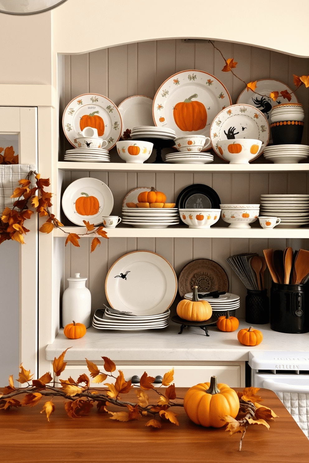 A charming Halloween kitchen setting featuring vintage dishware displayed on open shelves. The dishware includes whimsical plates and bowls adorned with classic Halloween motifs like pumpkins and ghosts, creating a festive atmosphere. The kitchen is decorated with autumnal accents, including garlands of dried leaves and small decorative pumpkins on the countertops. Soft, warm lighting enhances the vintage feel, inviting guests to enjoy the seasonal spirit.