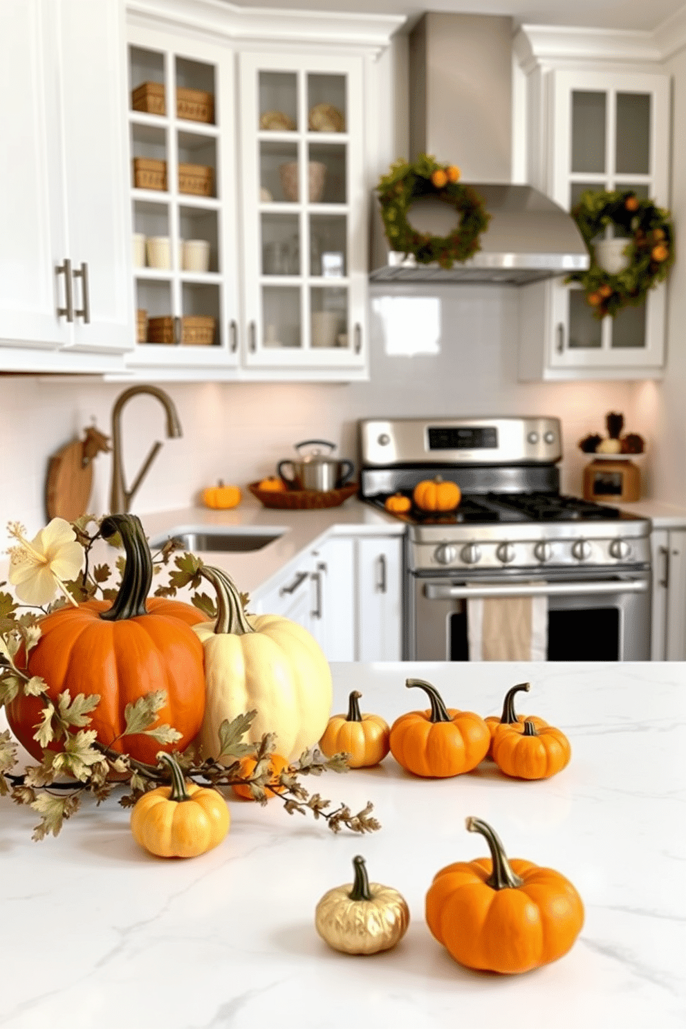 A festive kitchen setting adorned with miniature pumpkins scattered across the countertop. The warm autumn colors of the pumpkins contrast beautifully with the sleek white cabinetry and stainless steel appliances.