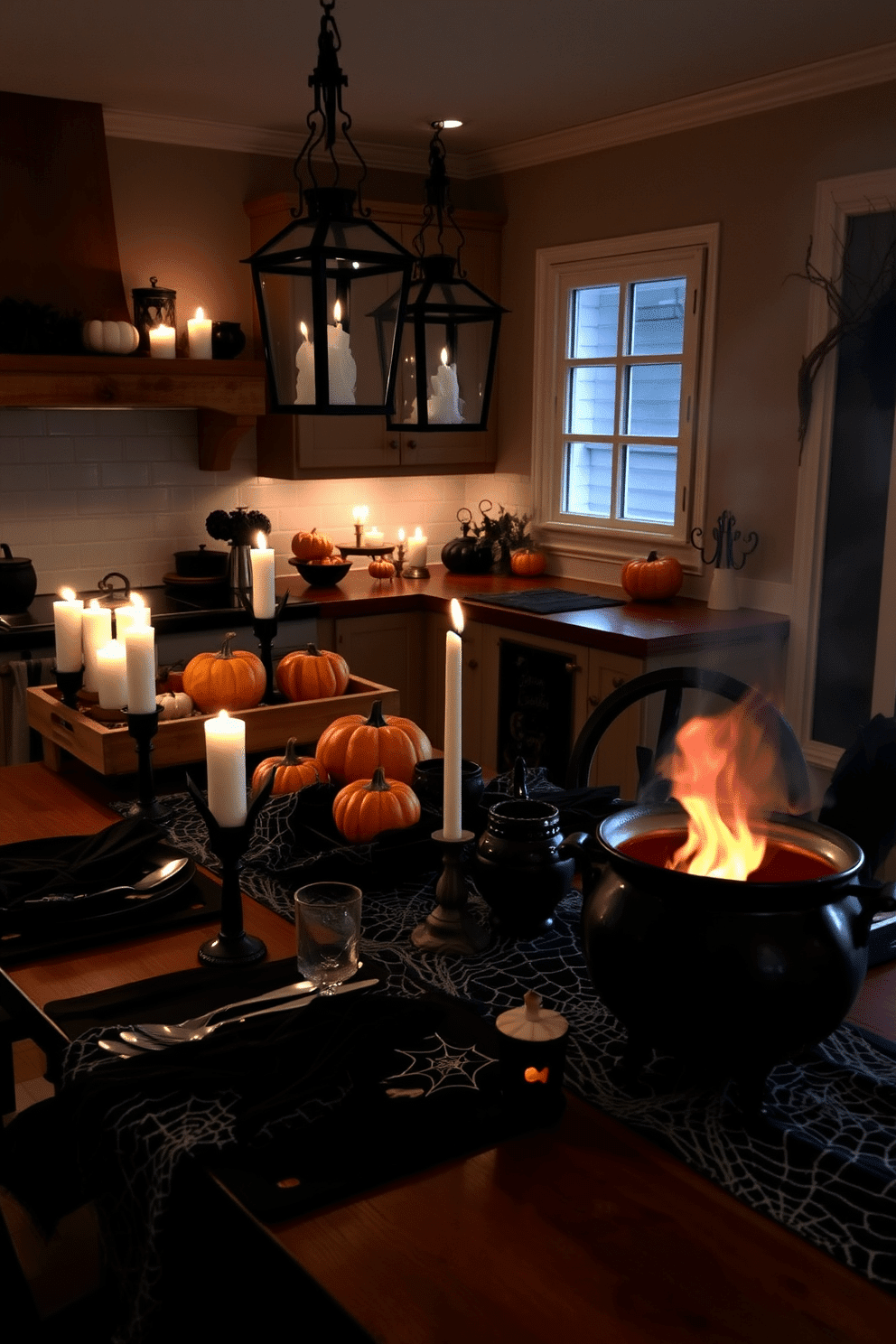 Ghostly lanterns flicker softly in the dimly lit kitchen, casting eerie shadows across the walls. The countertops are adorned with rustic wooden trays filled with seasonal pumpkins and ghostly white candles. A hauntingly beautiful table setting features black and orange tableware, with spider web table runners draping elegantly across the surface. In the corner, a cauldron simmers over a faux flame, adding a whimsical touch to the Halloween atmosphere.