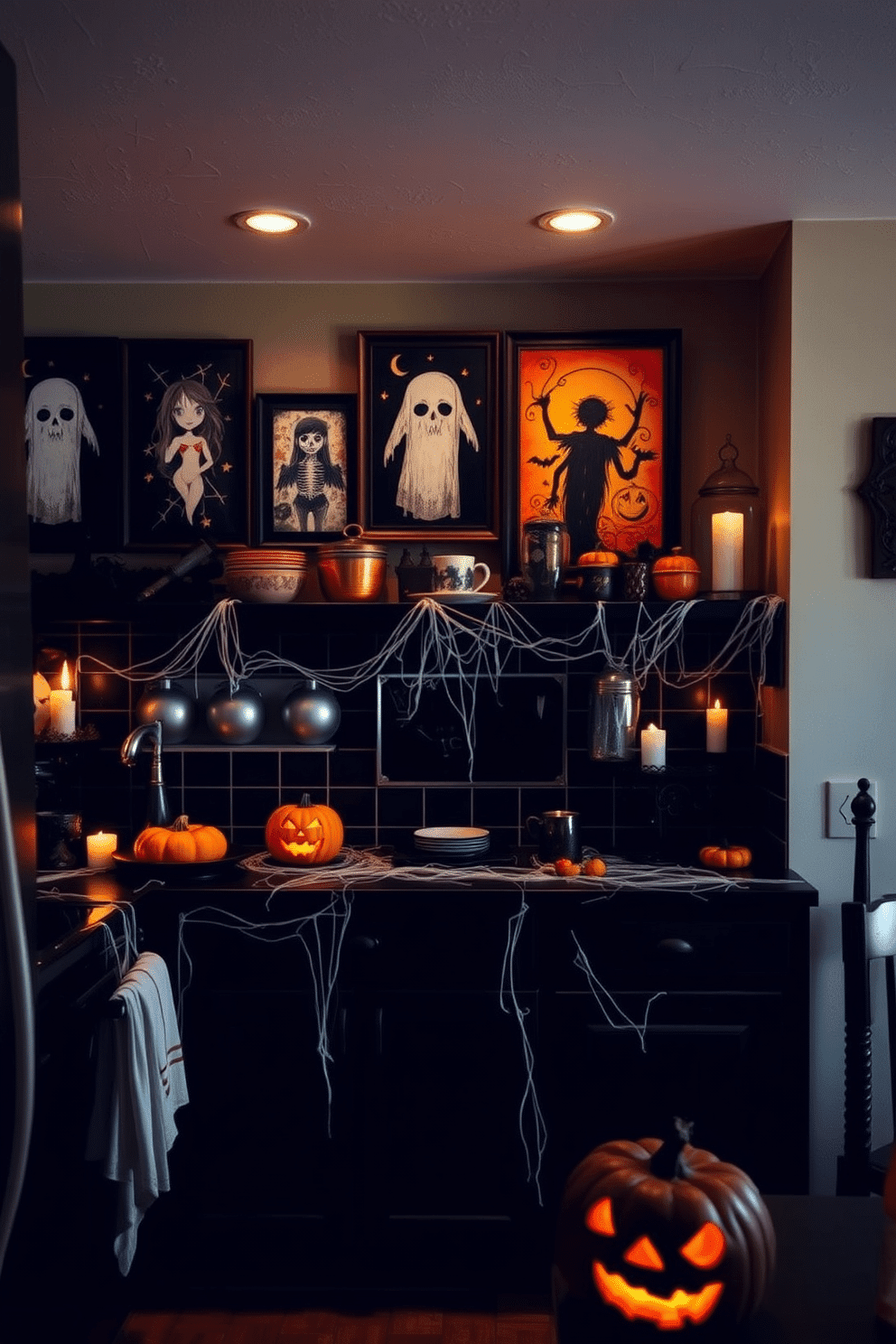 Spooky artwork adorns the walls of the kitchen, featuring eerie prints and ghostly images that set a haunting atmosphere. The color scheme includes deep blacks and vibrant oranges, creating a festive yet chilling vibe. The kitchen is decorated with Halloween-themed accents, such as pumpkin-shaped dishware and cobwebs draped over the cabinets. Flickering candlelight from carved jack-o'-lanterns adds an enchanting glow to the space.