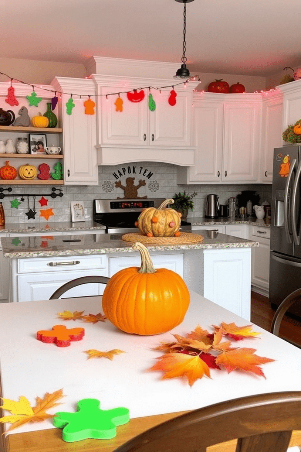 A cozy kitchen adorned with festive Halloween decorations. The countertop is lined with colorful cookie cutters in various spooky shapes like ghosts and pumpkins. Strings of orange and purple lights hang above the kitchen island. A cheerful pumpkin centerpiece sits on the dining table, surrounded by autumn leaves.