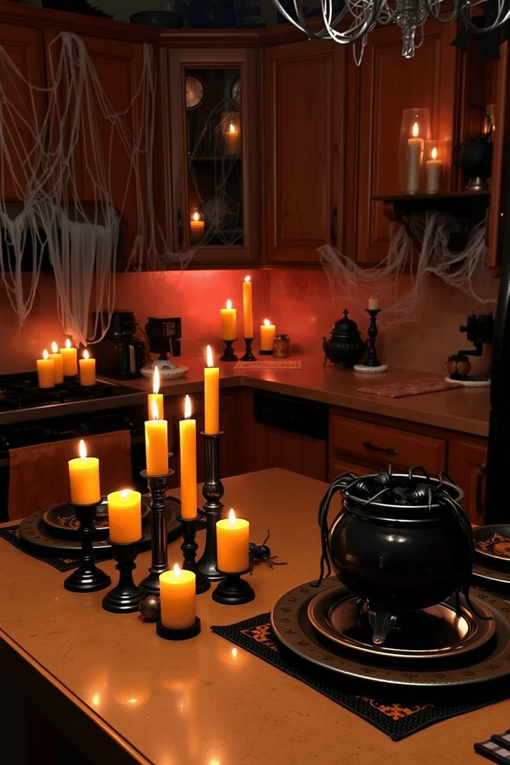 A spooky kitchen setting adorned with creepy candles of various heights scattered across the countertop. The flickering candlelight casts eerie shadows on the walls, creating a haunting atmosphere perfect for Halloween. Decorative elements include cobwebs draped over the cabinets and a cauldron filled with faux spiders on the island. The color scheme features deep oranges and blacks, complemented by Halloween-themed dishware and table linens.