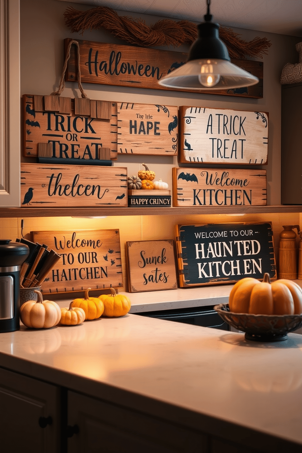 A cozy kitchen adorned with rustic signs featuring Halloween phrases. The signs are made of reclaimed wood, each with a unique saying like 