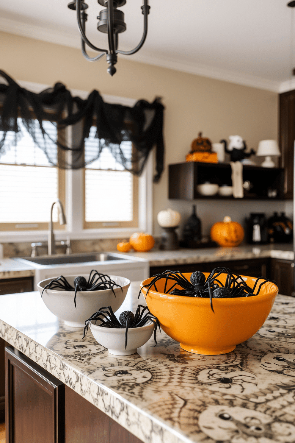 A festive kitchen adorned for Halloween. Decorative bowls filled with faux spiders are placed on the countertop, creating a spooky yet playful atmosphere.