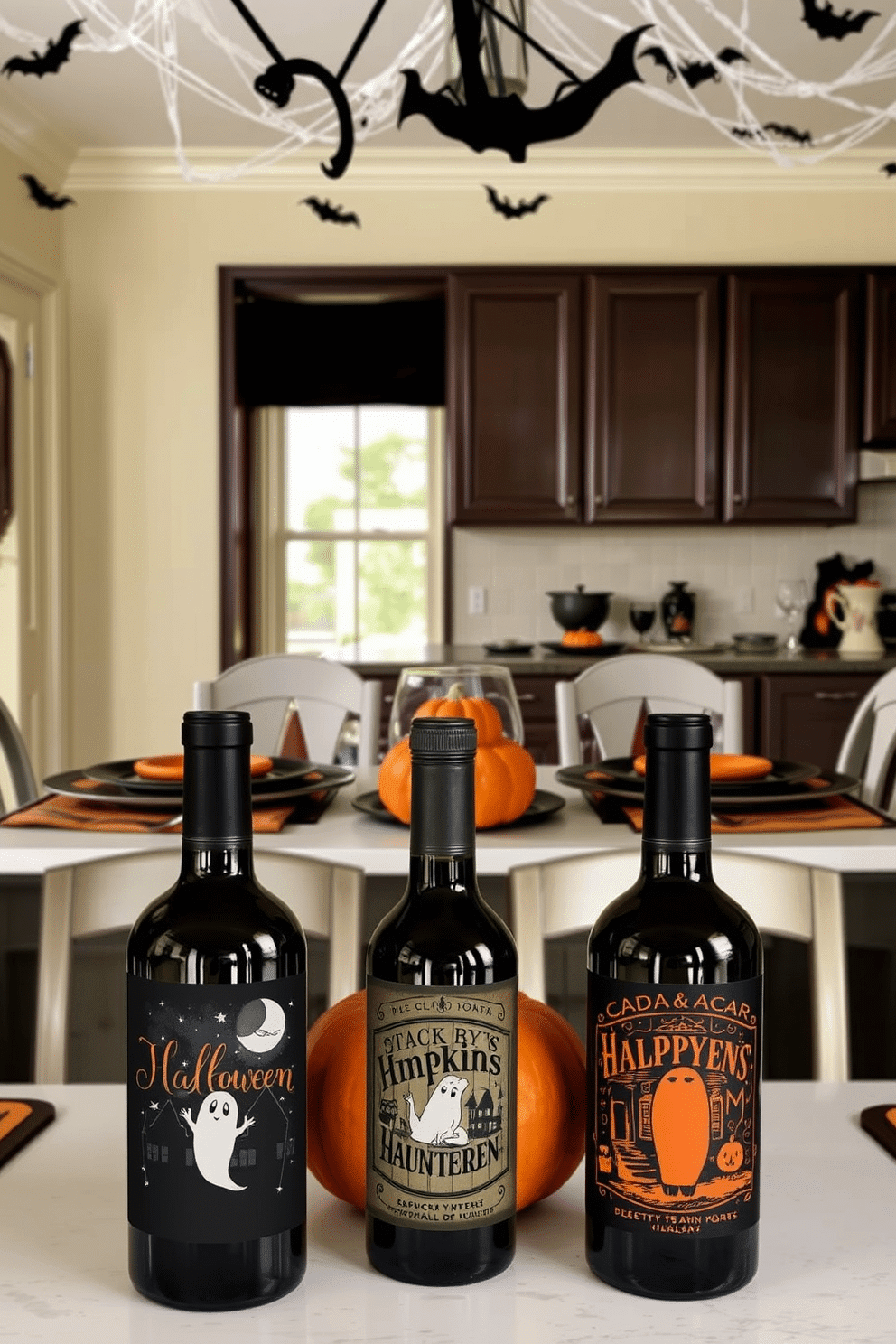 Spooky wine bottle labels featuring eerie illustrations of haunted houses and ghostly figures. Each label has a dark color palette with bold, creepy typography that evokes a sense of mystery. Halloween kitchen decorating ideas include a table adorned with black and orange tableware and a centerpiece of carved pumpkins. Cobwebs and hanging bats can be draped from the ceiling to create a festive, spooky atmosphere.