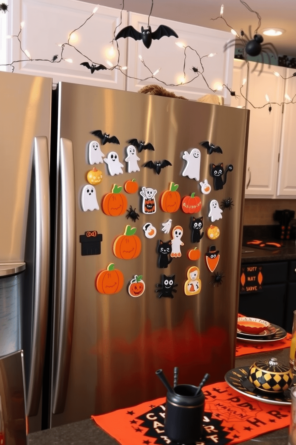 A collection of whimsical Halloween-themed fridge magnets adorns a stainless steel refrigerator. Each magnet features playful designs such as ghosts, pumpkins, and black cats, creating a festive atmosphere in the kitchen. The kitchen is decorated with vibrant Halloween accents, including orange and black tablecloths and spooky dishware. Strings of miniature lights in the shape of bats and spiders hang above the countertops, enhancing the seasonal charm.