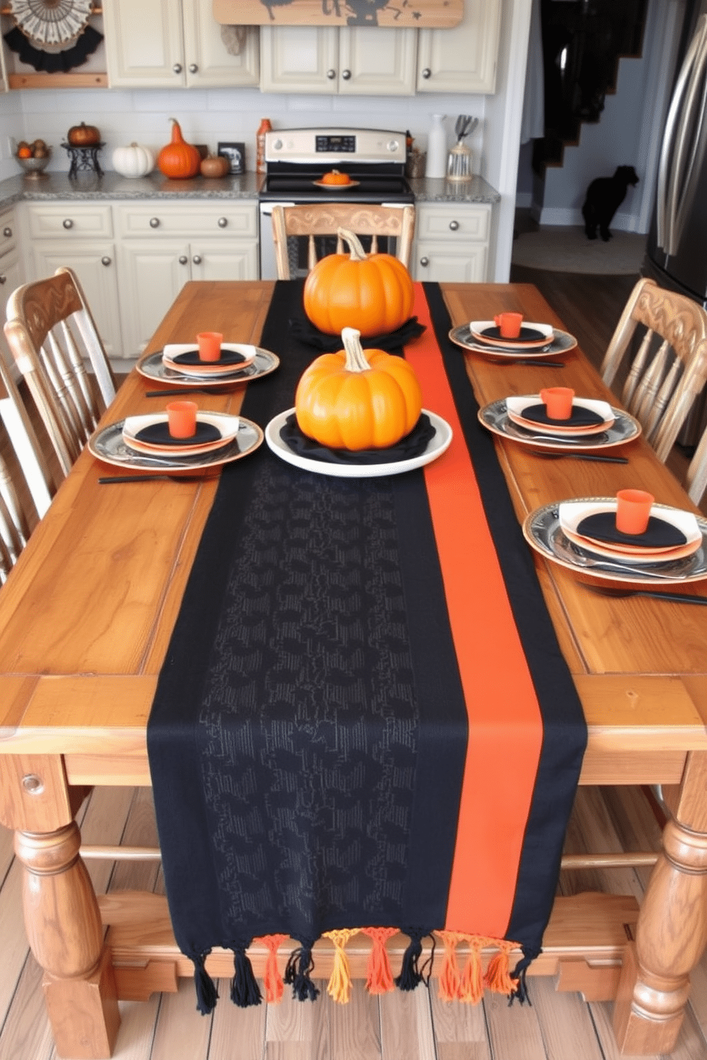 A festive kitchen setting adorned with black and orange table runners draped elegantly across a rustic wooden dining table. The table is set with matching dishware and vibrant orange pumpkins as centerpieces, creating a warm and inviting atmosphere for Halloween celebrations.