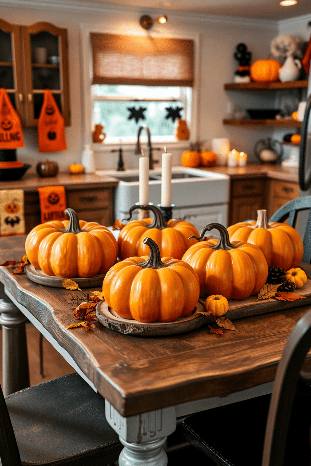 A charming Halloween kitchen setting featuring pumpkin-shaped serving platters arranged on a rustic wooden table. The platters are filled with seasonal treats and surrounded by autumn leaves and small gourds for a festive touch. The kitchen is adorned with warm orange and black accents, including themed dish towels and decorative candles. Soft lighting creates a cozy atmosphere, enhancing the inviting feel of this Halloween-inspired space.