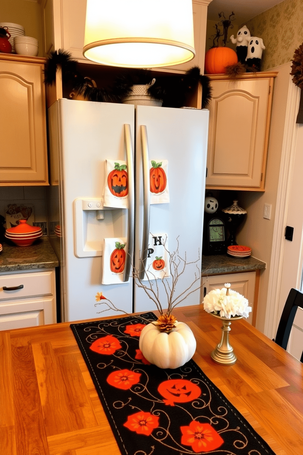 A cozy kitchen adorned with Halloween-themed dish towels hanging from the oven and refrigerator. The decor features playful pumpkins and spooky ghosts, creating a festive atmosphere perfect for the season. The countertops are decorated with a mix of autumn-colored dishware and seasonal centerpieces. A black and orange table runner adds a touch of whimsy, while soft lighting enhances the inviting ambiance.