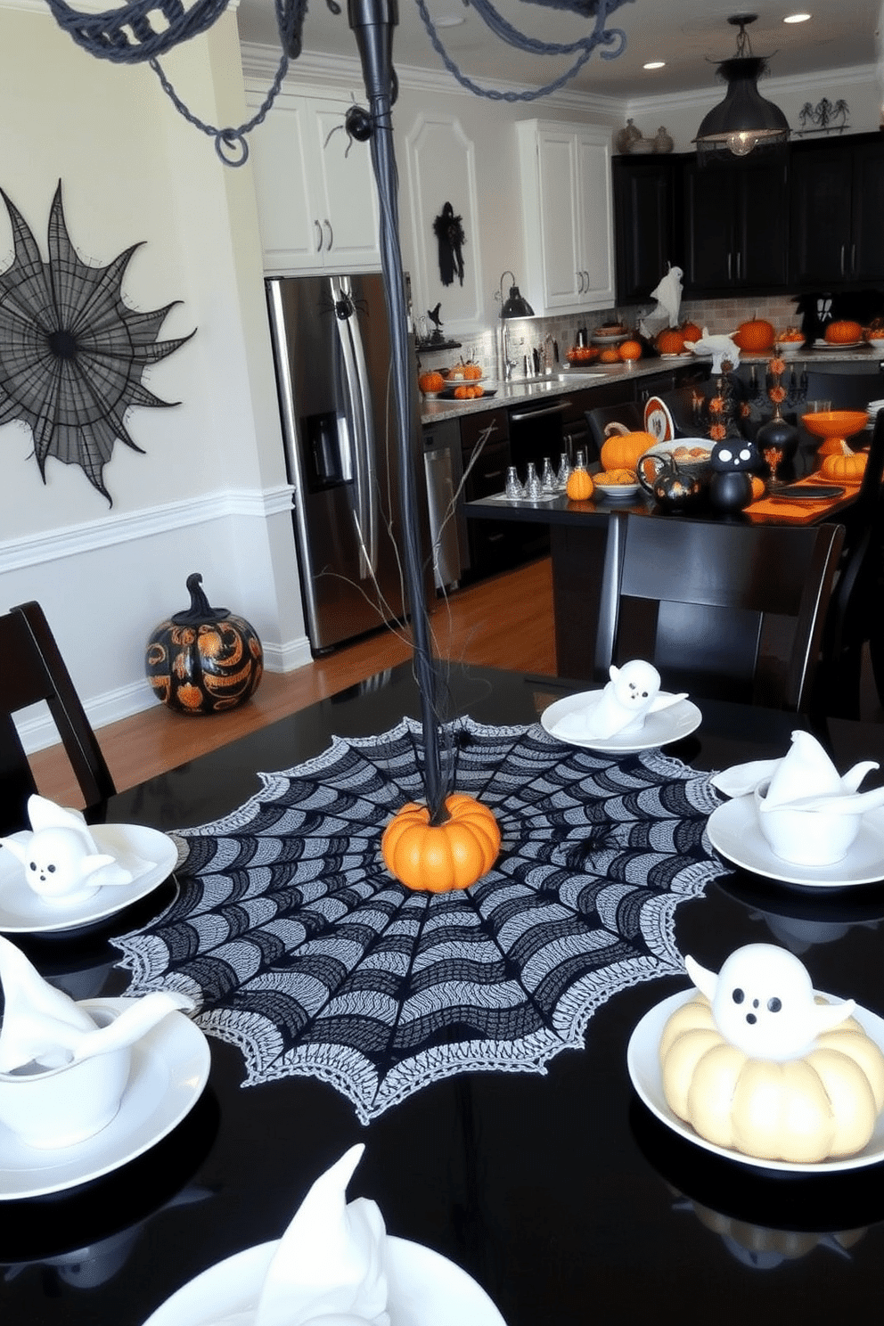 A striking spider web centerpiece adorns the dining table. Delicate black lace mimics the intricate patterns of a spider web, with small decorative spiders strategically placed for effect. The kitchen is transformed for Halloween with vibrant orange and black decorations. Pumpkins of various sizes are scattered across the countertops, complemented by spooky dishware and ghostly accents.