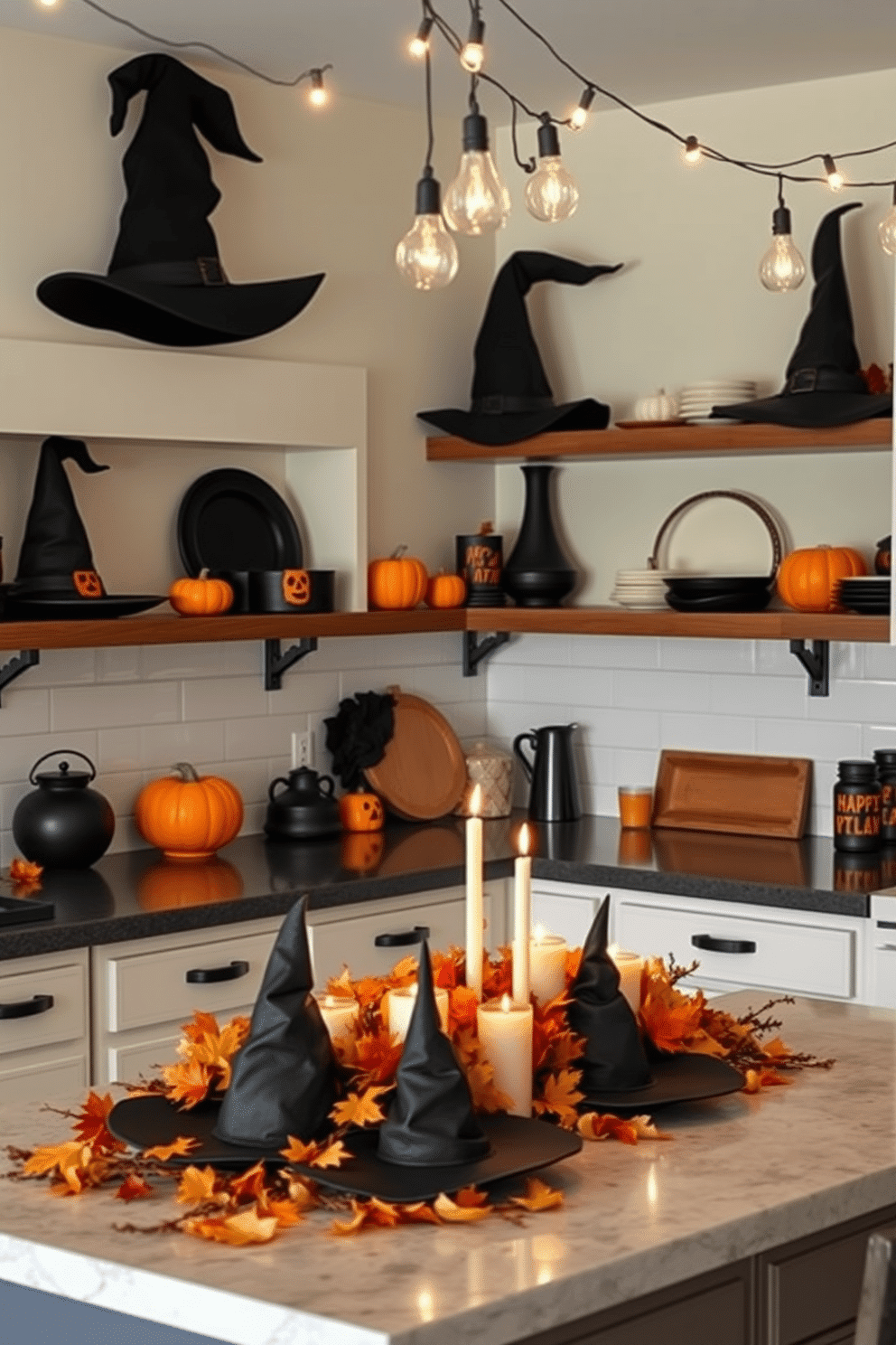 Witch hats in various sizes are arranged on open kitchen shelves, adding a whimsical touch to the decor. The shelves are adorned with black and orange accents, including small pumpkins and spooky-themed dishware. The kitchen island features a festive centerpiece made of witch hats, surrounded by autumn leaves and candles. String lights hang above, casting a warm glow over the Halloween-themed kitchen space.