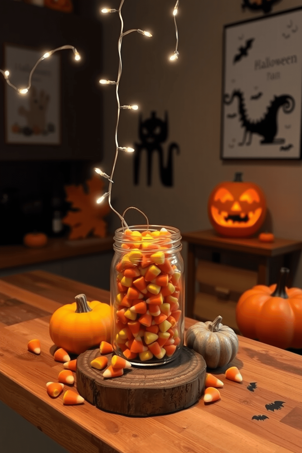 A cozy Halloween kitchen setting. A mason jar filled with colorful candy corn sits on a rustic wooden countertop, surrounded by autumn-themed decorations. Above the jar, a string of twinkling fairy lights is draped, casting a warm glow. The walls are adorned with playful Halloween-themed artwork, adding a festive touch to the space.