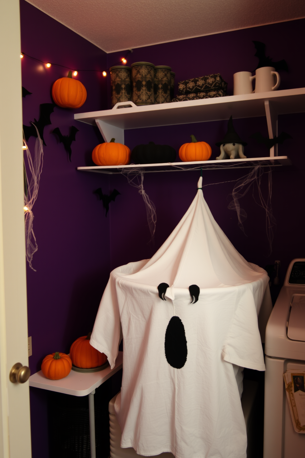 A whimsical laundry room decorated for Halloween features a ghost-themed laundry basket made of white fabric with black eyes and a stitched mouth. Surrounding the basket are playful decorations like mini pumpkins, faux cobwebs, and bat cutouts hanging from the shelves. The walls are painted in a deep purple hue, creating an eerie yet fun atmosphere. Soft lighting from a string of orange lights adds a warm glow, making the space inviting despite its spooky theme.