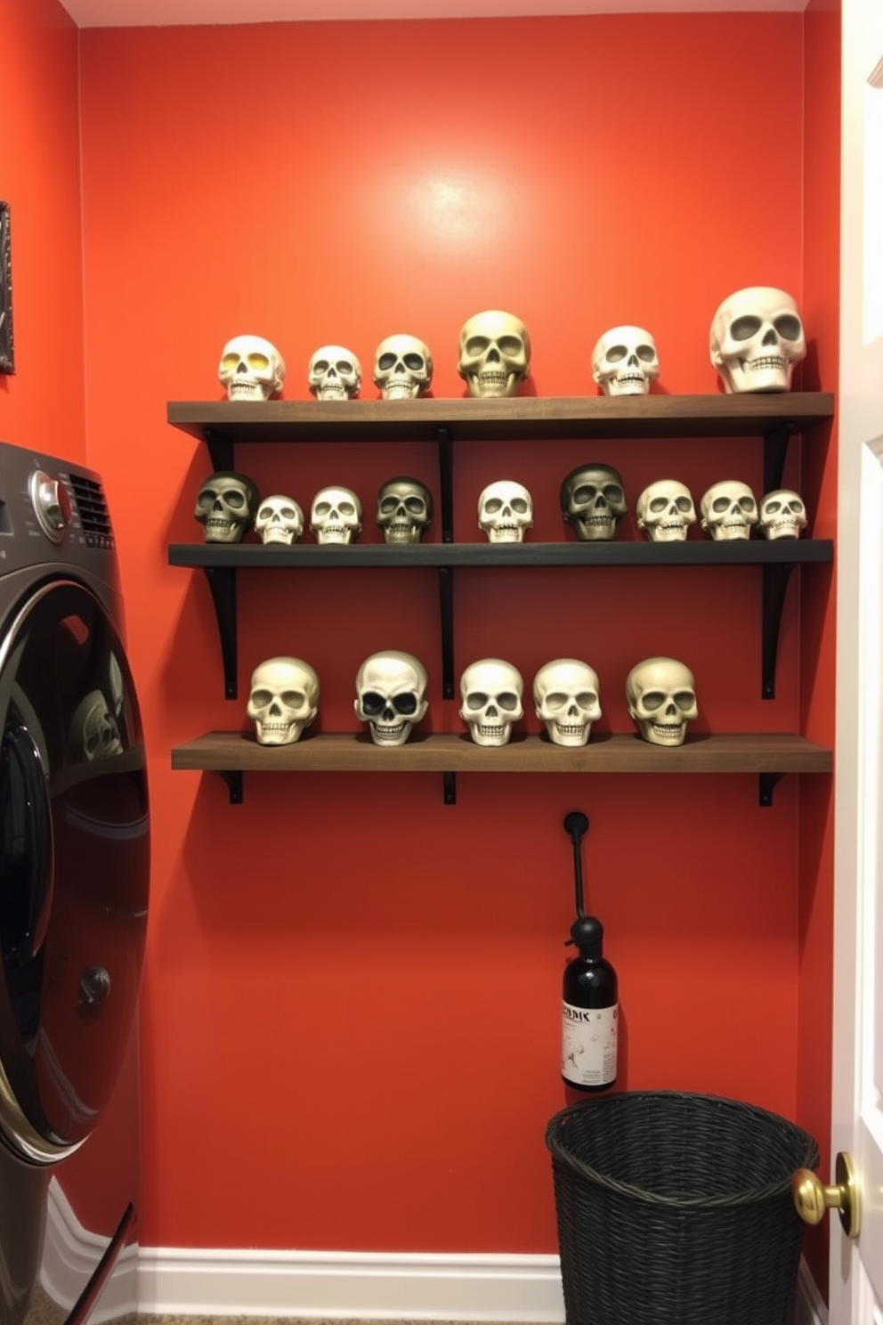 A whimsical laundry room adorned with decorative skulls on floating shelves. The walls are painted in a deep orange hue, and the shelves are filled with various skull designs, adding a playful Halloween touch to the space.