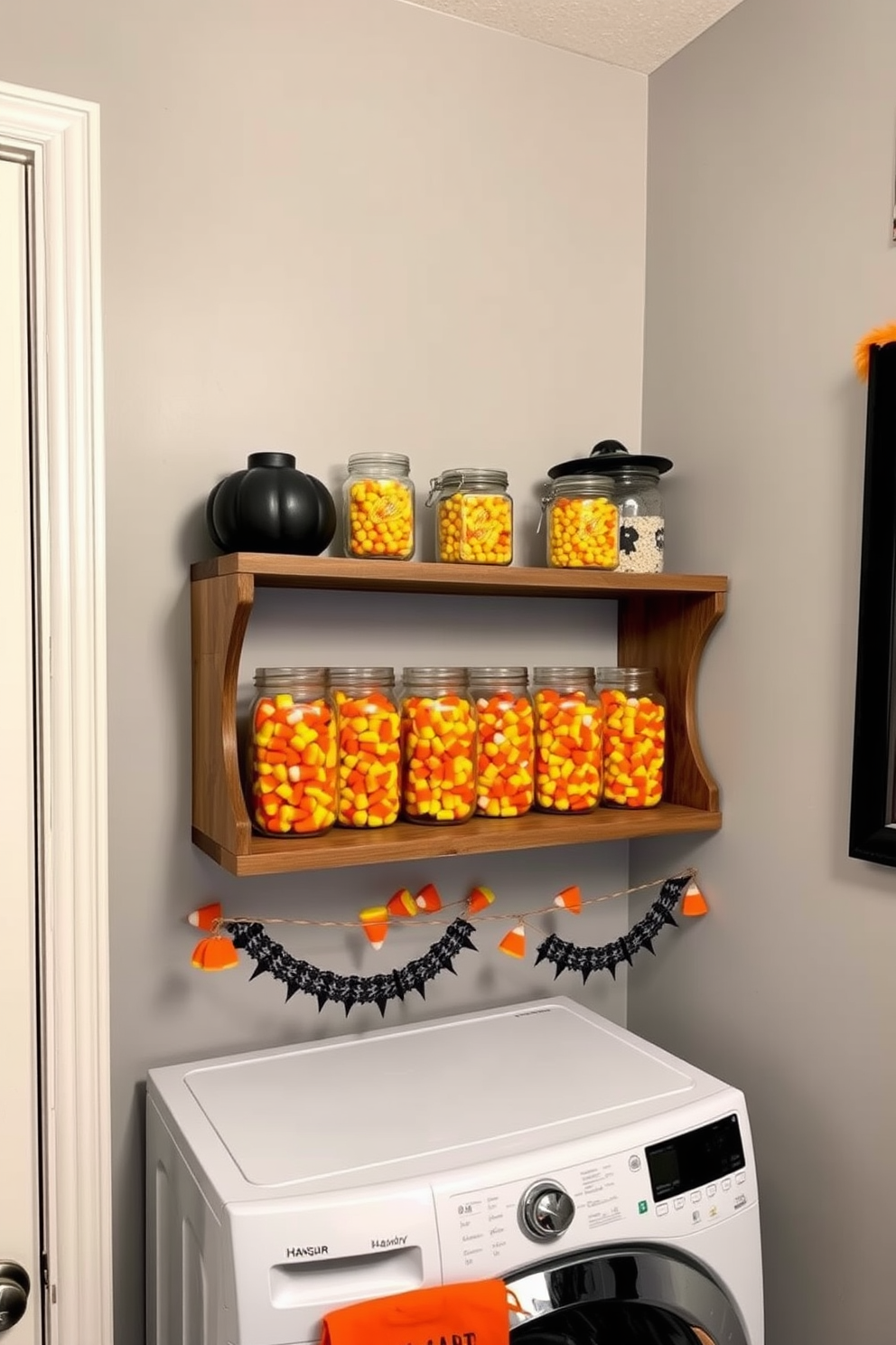 A whimsical laundry room decorated for Halloween features mason jars filled with vibrant candy corn displayed on a rustic wooden shelf. The walls are painted in a soft gray, complemented by playful orange and black accents throughout the space.