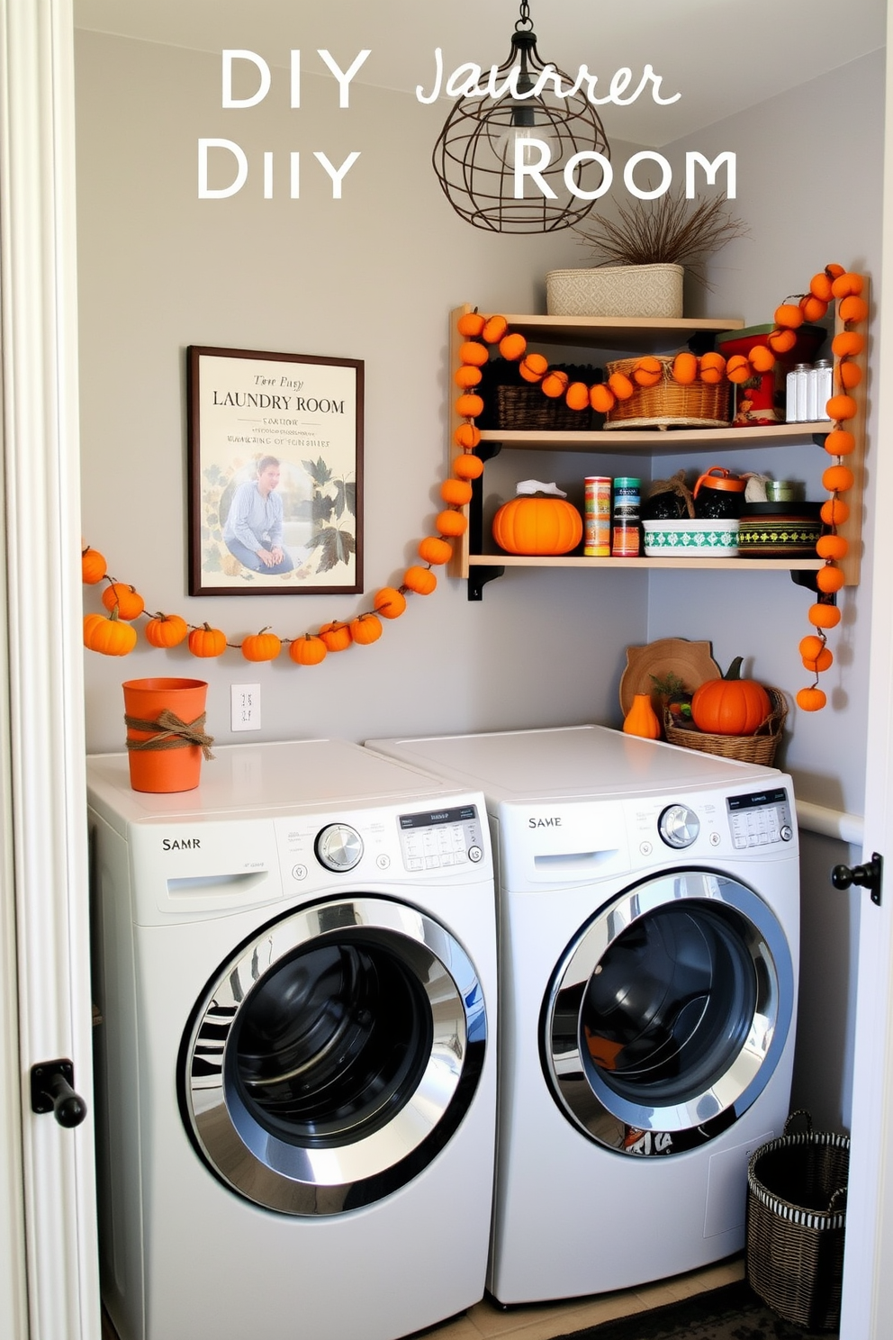 A charming DIY laundry room adorned with a pumpkin garland for Halloween. The walls are painted a soft gray, and the space features open shelving displaying colorful laundry supplies and seasonal decorations.