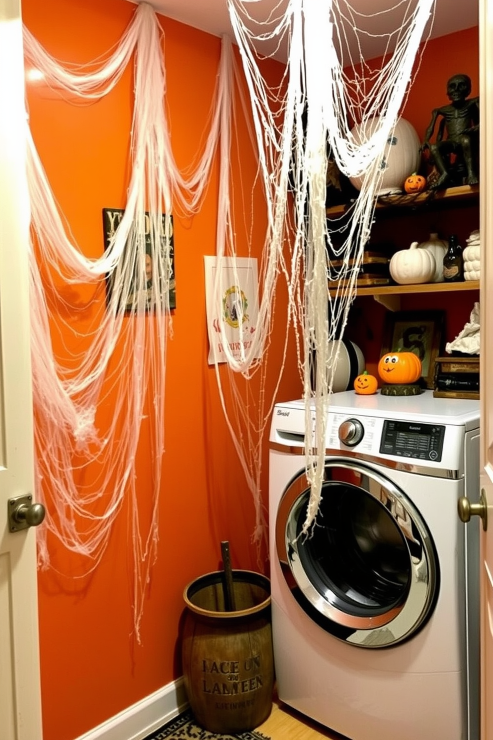 A cozy laundry room decorated for Halloween features faux cobwebs draped in the corners, creating a spooky yet inviting atmosphere. The walls are painted in a deep orange hue, and a vintage washing machine sits next to a rustic wooden shelf filled with seasonal decorations.