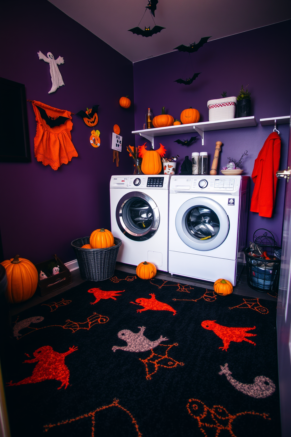 A spooky laundry room features a dark, textured rug adorned with ghostly silhouettes and cobweb patterns. The walls are painted in a deep purple hue, complemented by orange accents and Halloween-themed decorations scattered throughout the space. In one corner, a vintage washing machine is surrounded by playful pumpkin decorations. A few hanging bats dangle from the ceiling, adding to the eerie atmosphere of this festive laundry space.