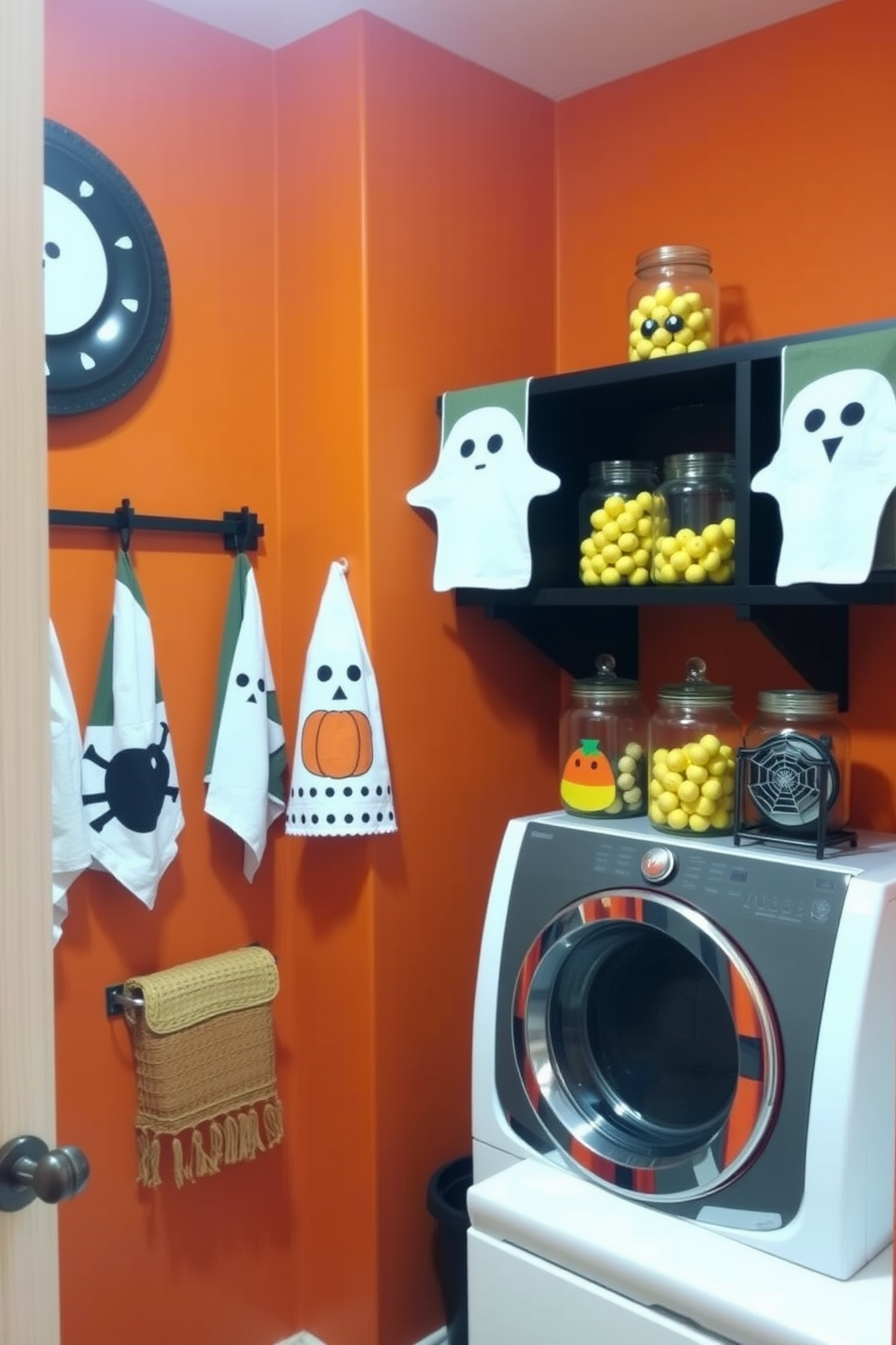 A whimsical laundry room adorned with Halloween-themed towels featuring playful ghost and pumpkin designs. The walls are painted in a deep orange hue, and black shelving displays decorative jars filled with candy corn and spider web accents.