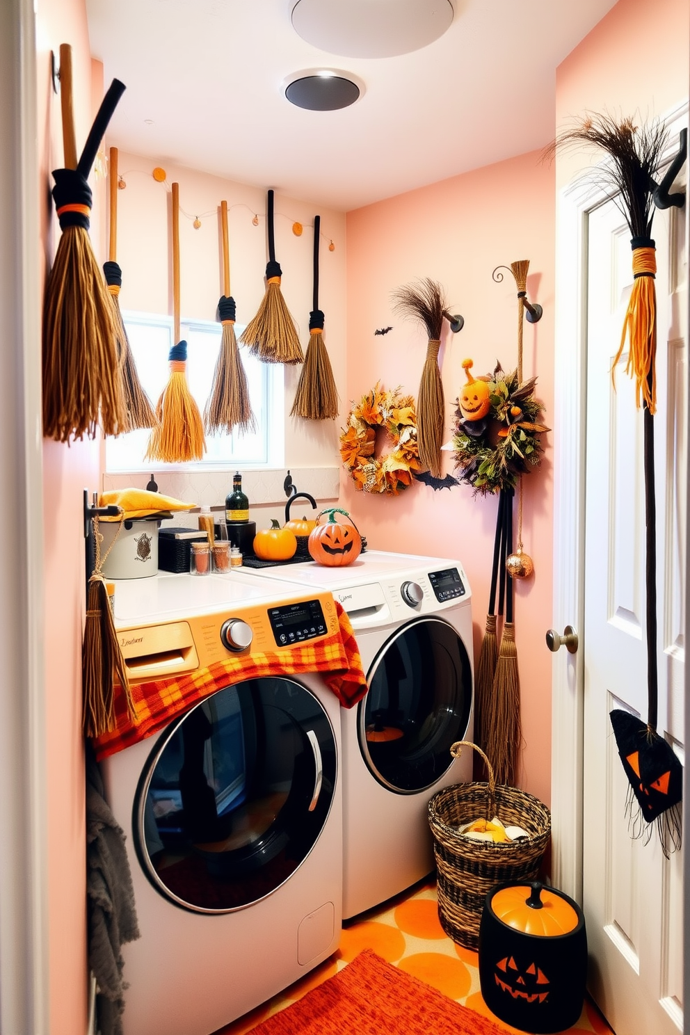 A whimsical laundry room adorned with hanging witch brooms as decor. The brooms are creatively arranged on the walls, adding a playful Halloween touch to the space. The room features a bright color palette with orange and black accents. A cozy area for folding clothes is complemented by Halloween-themed decorations and a festive wreath on the door.