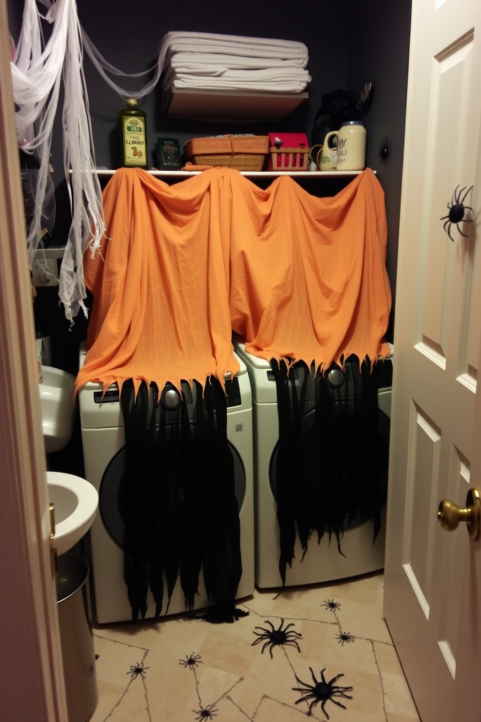 A spooky laundry room adorned with creepy cloth draped over all the appliances. The walls are painted in dark shades, and eerie decorations like cobwebs and plastic spiders are scattered throughout the space.