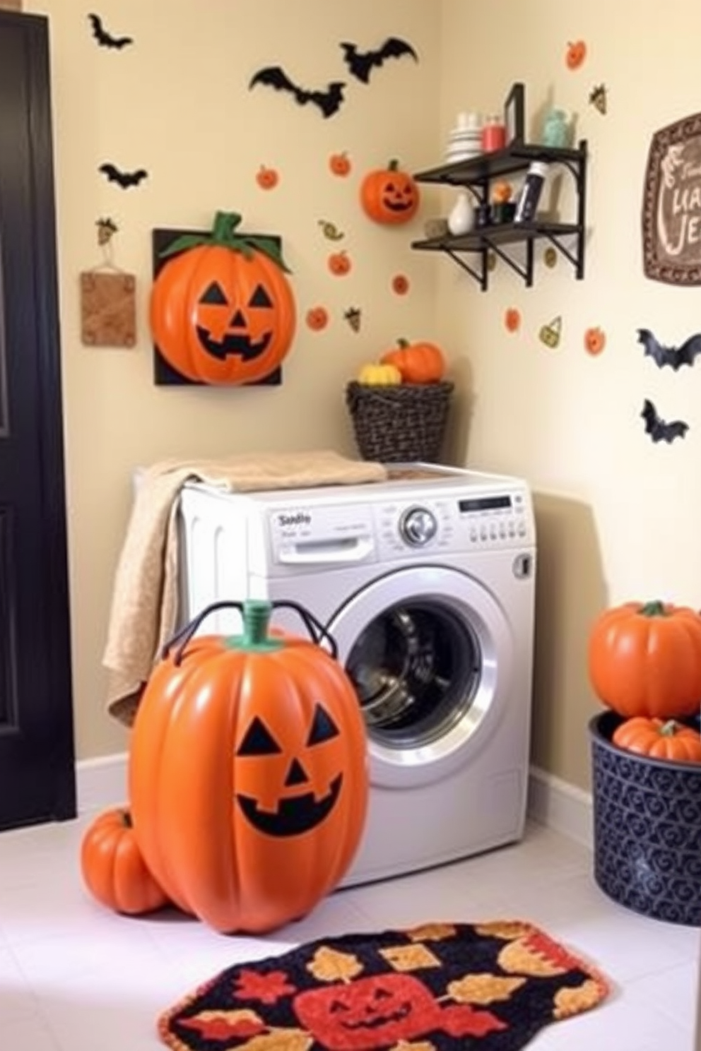 A whimsical laundry room setting featuring a pumpkin-shaped laundry soap dispenser that adds a festive touch to the space. The walls are adorned with playful Halloween-themed decorations, and a cozy rug in autumn colors lies beneath the washing machine.