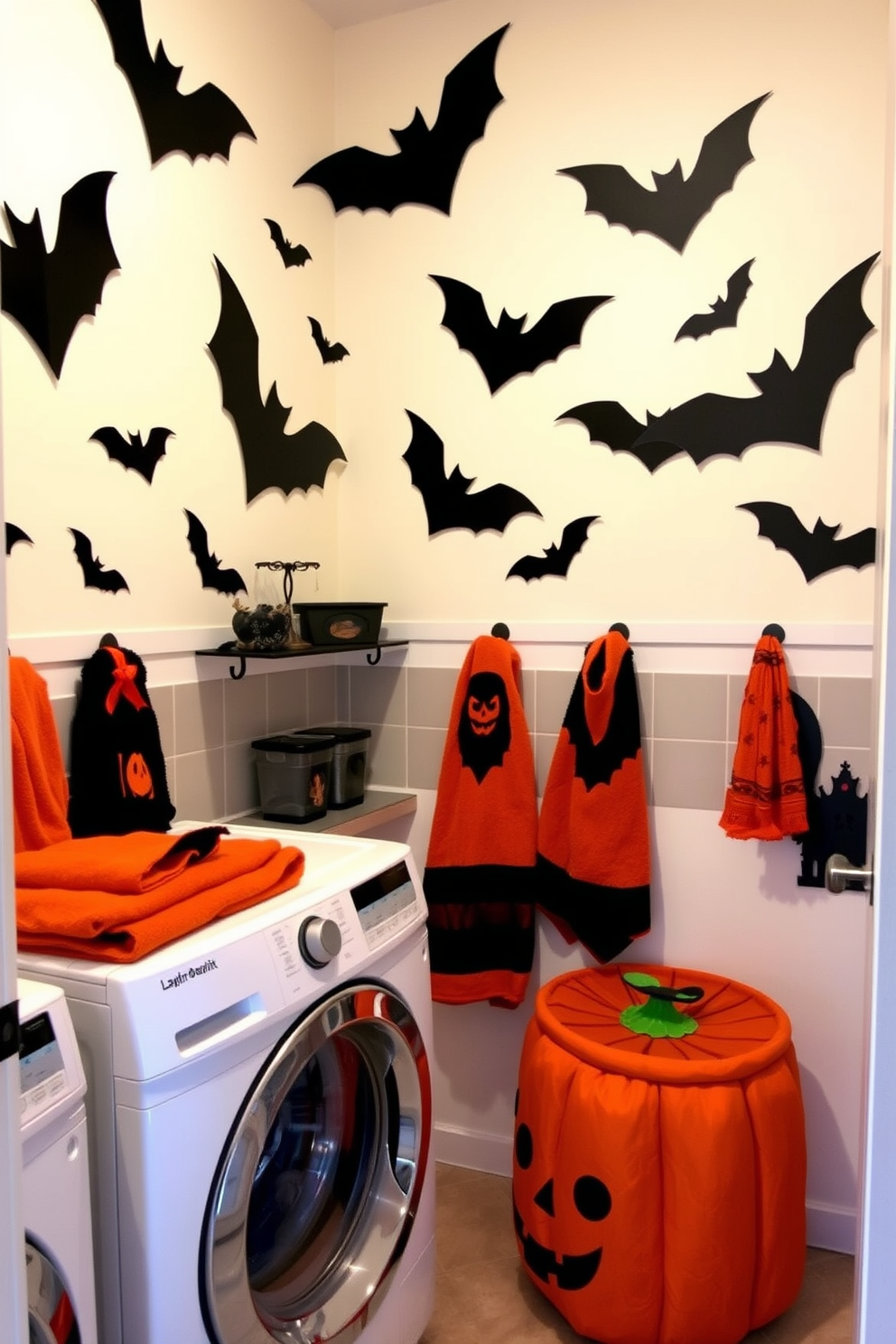 A laundry room decorated for Halloween features walls adorned with bat silhouette cutouts creating a spooky atmosphere. The room is enhanced with festive accents such as orange and black towels, and a decorative laundry basket shaped like a pumpkin.