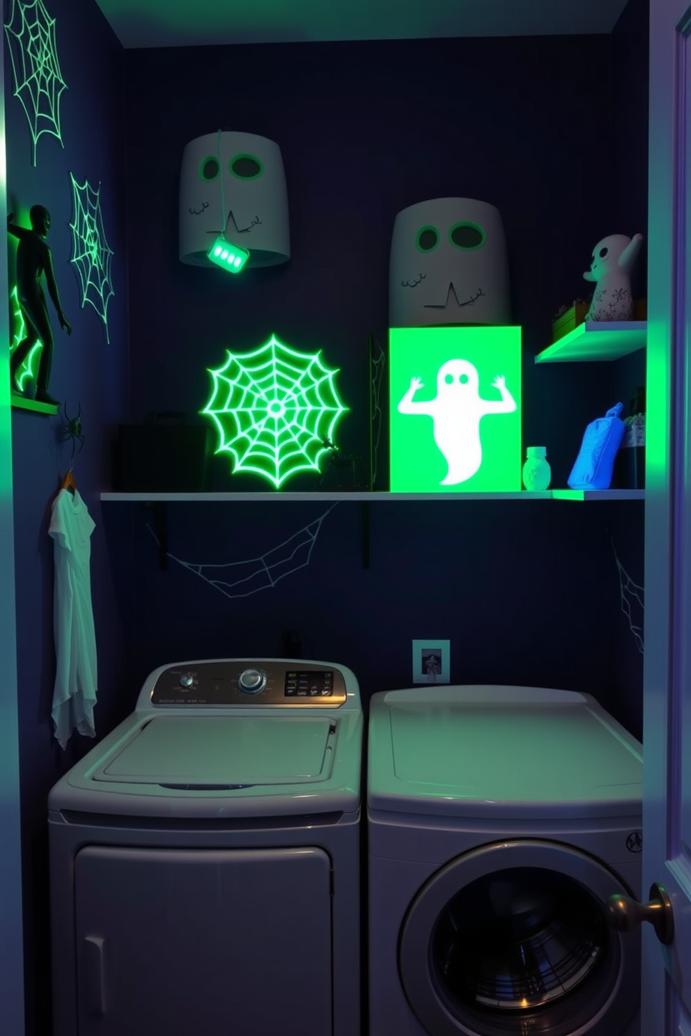 A whimsical laundry room designed for Halloween featuring glow in the dark art on the walls. The space includes a playful color scheme of deep purples and blacks, with decorative elements like spiderwebs and ghostly figures adorning the shelves.