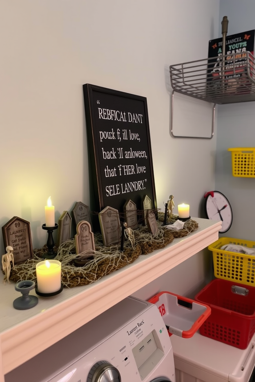 A miniature graveyard scene on a shelf features tiny tombstones made of aged stone, surrounded by artificial cobwebs and small skeleton figures. Flickering LED candles provide an eerie glow, enhancing the spooky atmosphere for Halloween. The laundry room is decorated with cheerful accents, including bright, patterned storage baskets and a whimsical wall art piece depicting laundry-themed quotes. A vintage-style drying rack is mounted on the wall, adding both functionality and charm to the space.