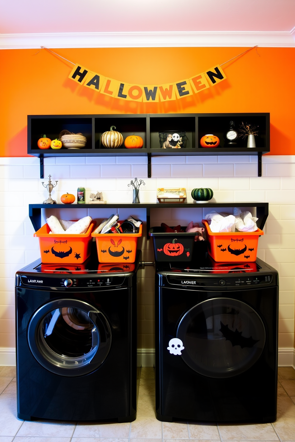 A vibrant laundry room featuring colorful Halloween themed laundry bins. The bins are adorned with playful designs including pumpkins, ghosts, and bats, adding a festive touch to the space. The walls are painted in a warm orange hue, complemented by black shelving displaying seasonal decorations. A cheerful banner with Halloween motifs hangs above the bins, creating a fun and inviting atmosphere.