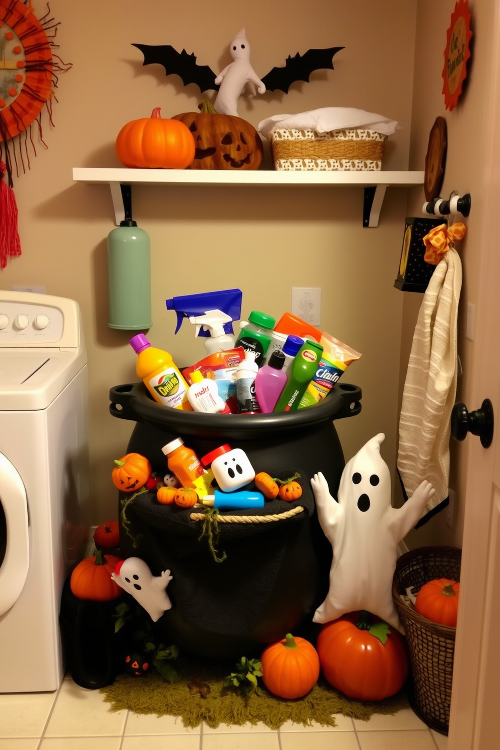 A whimsical laundry room designed for Halloween. The focal point is a decorative cauldron filled with colorful laundry supplies, surrounded by playful ghost and pumpkin decorations.