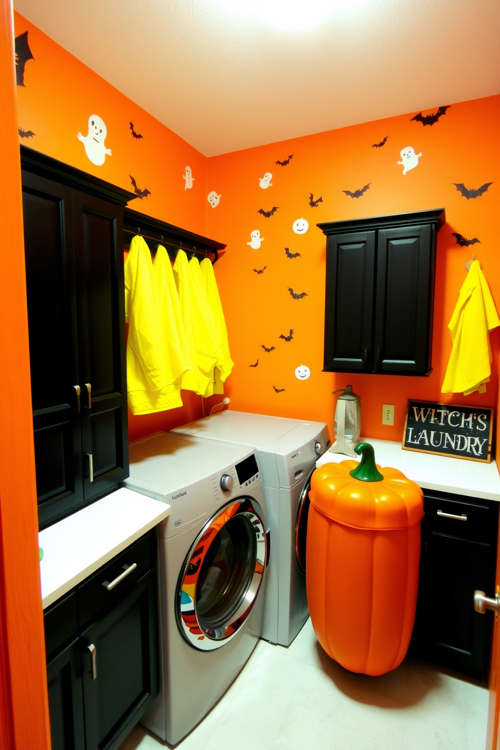 A whimsical Halloween-themed laundry room features playful wall decals of ghosts, pumpkins, and bats scattered across the walls. The room is painted in a soft orange hue, complemented by black cabinetry and a cheerful white countertop. The laundry area is adorned with a decorative laundry basket shaped like a pumpkin, adding a festive touch. Bright yellow towels hang neatly on hooks, while a small sign reading 