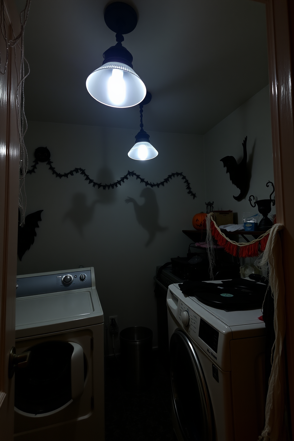 A spooky laundry room setting featuring eerie light fixtures that cast unsettling shadows on the walls. The space is adorned with Halloween-themed decorations, including ghostly garlands and cobwebs, creating a chilling atmosphere.