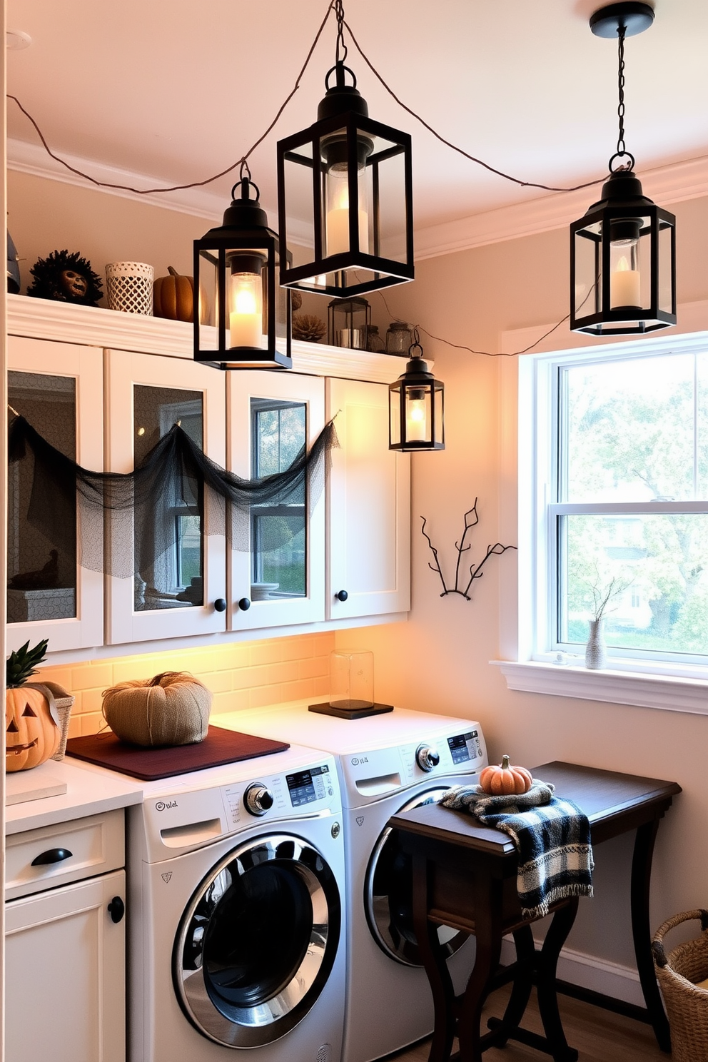 A cozy laundry room adorned with hanging lanterns that provide warm ambient lighting. The walls are painted in a soft pastel hue, and decorative Halloween accents are tastefully arranged throughout the space. The laundry appliances are neatly tucked away behind stylish cabinetry, creating a functional yet inviting atmosphere. A small table is set up for folding clothes, with seasonal decorations adding a festive touch to the overall design.