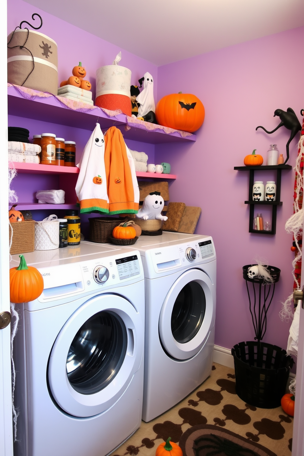 A whimsical laundry room filled with playful Halloween decorations. Ghostly figures peek from behind colorful shelves adorned with seasonal towels and laundry supplies. The walls are painted in a soft lavender hue, creating a cheerful atmosphere. Spooky accents like mini pumpkins and faux cobwebs add a festive touch to the space.