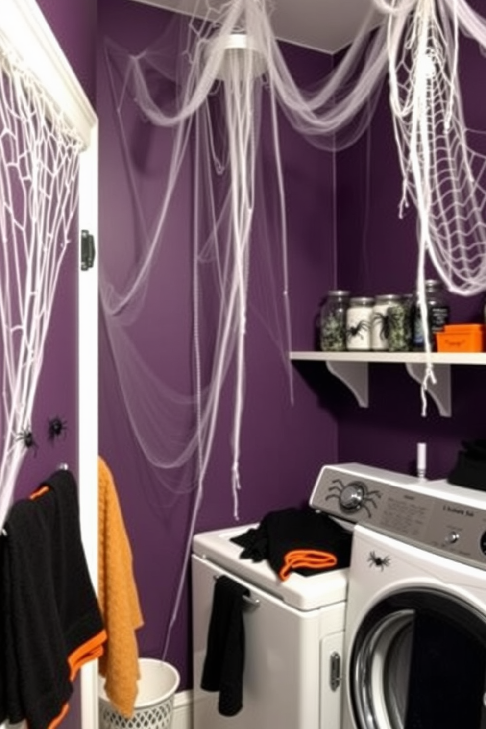 A spooky laundry room featuring creepy spider web wall hangings draping from the ceiling and corners. The walls are painted in a deep purple hue, and a vintage washing machine is adorned with Halloween-themed decals. In one corner, a shelf displays jars filled with faux spiders and other creepy crawlies. A black and orange color scheme is used for towels and accessories, enhancing the eerie atmosphere of the space.