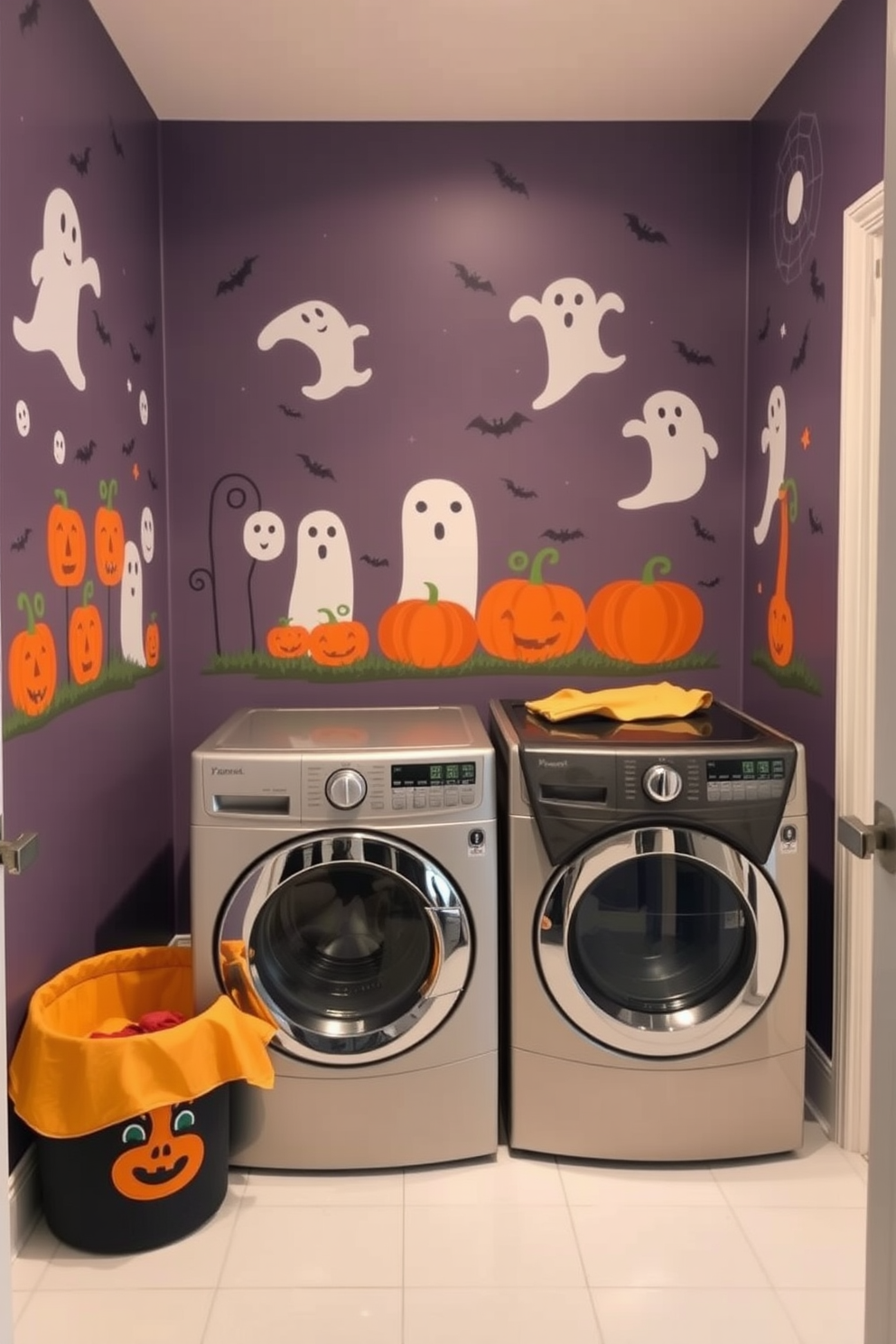 A themed laundry room features whimsical Halloween artwork adorning the walls, showcasing playful ghosts and pumpkins. The space is brightened by cheerful colors, with a laundry basket shaped like a cauldron sitting next to the washer and dryer.