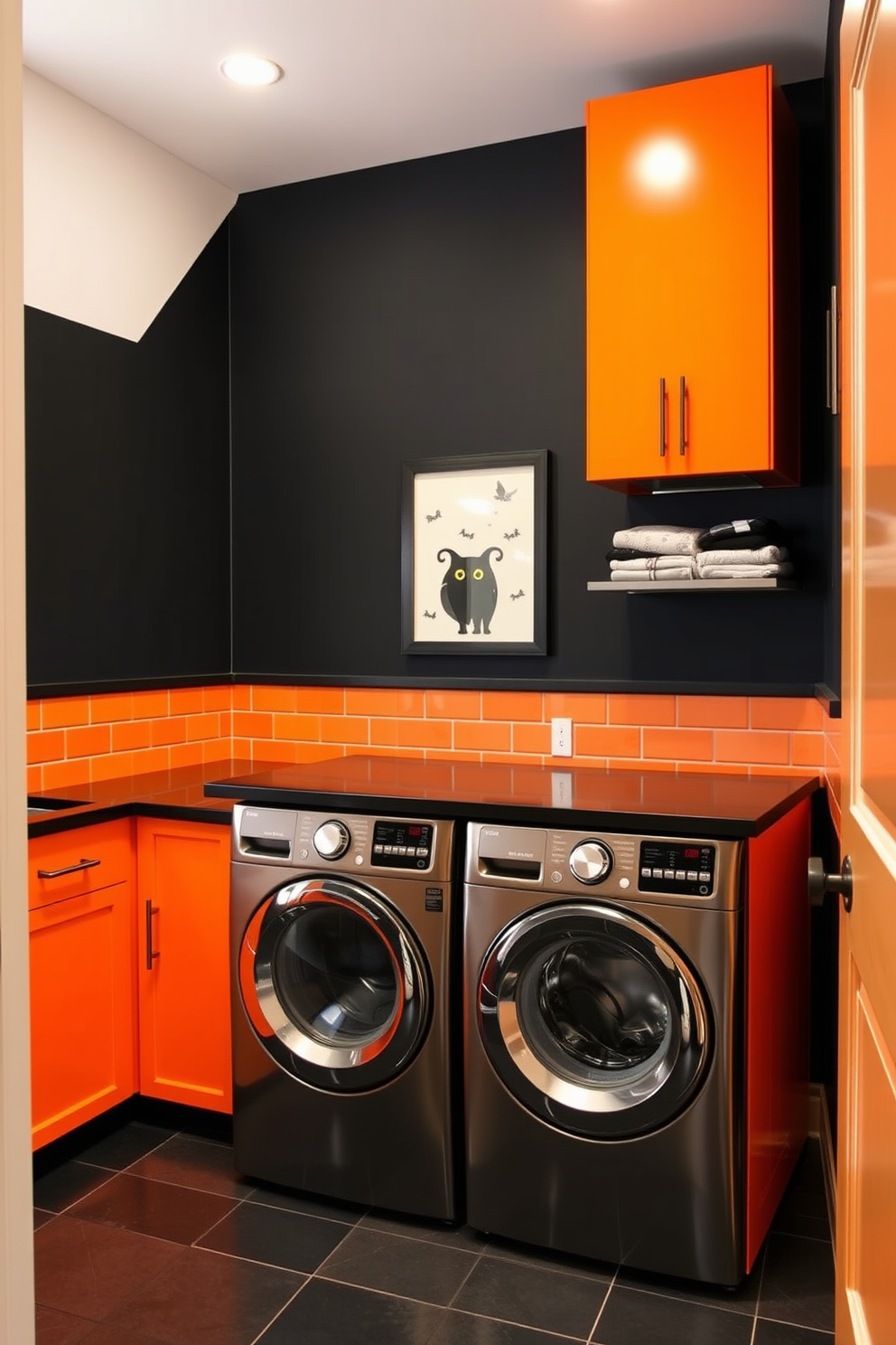 A striking laundry room designed with a black and orange color scheme. The walls are painted in a deep black, while the cabinetry features bright orange accents that pop against the dark backdrop. A modern washing machine and dryer are seamlessly integrated into the design, with stylish black countertops above for folding clothes. Decorative Halloween-themed artwork adorns the walls, adding a festive touch to the functional space.