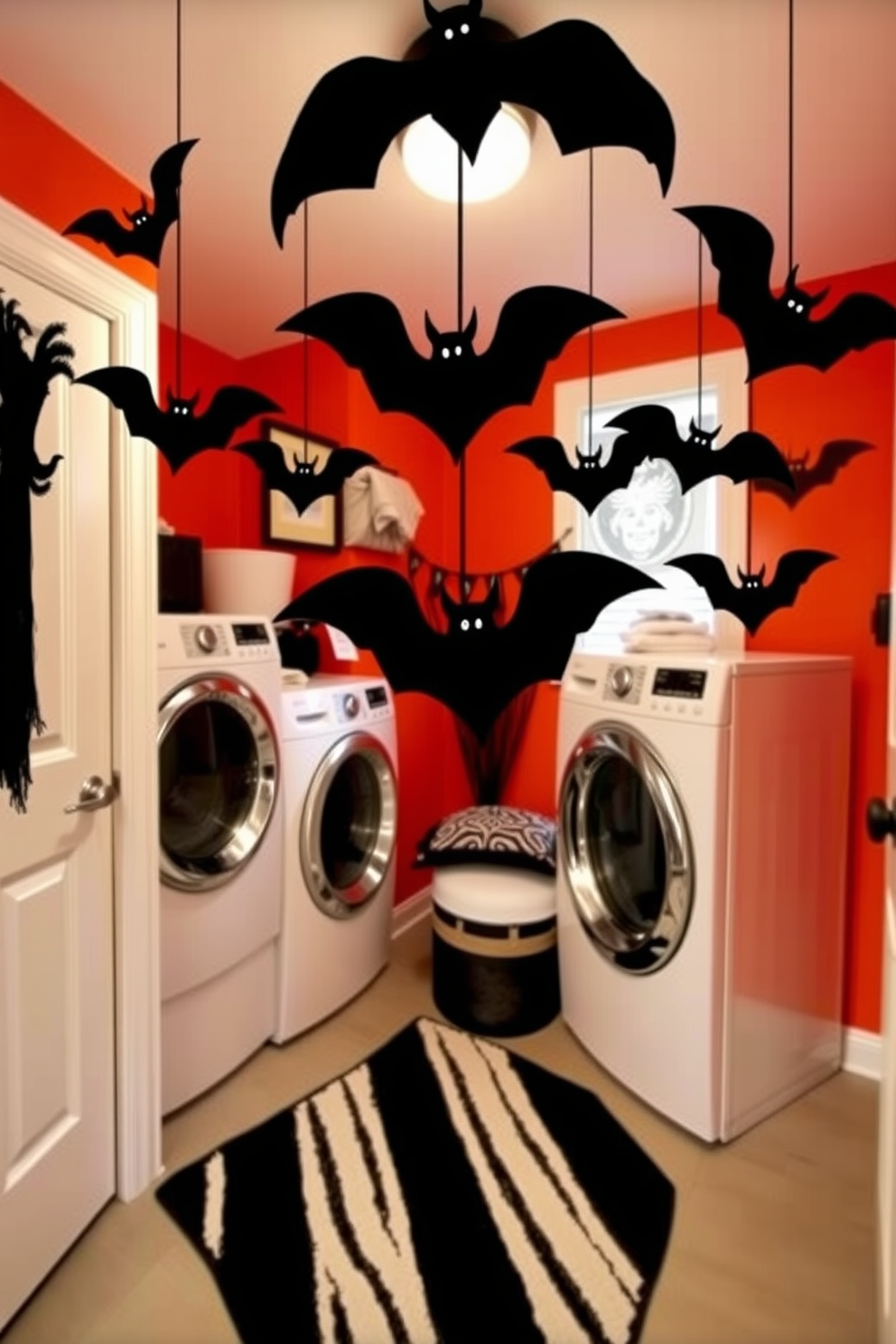 A festive laundry room decorated for Halloween features hanging bats suspended from the ceiling. The walls are painted in a deep orange hue, and a playful black and white striped rug adds a whimsical touch to the floor.