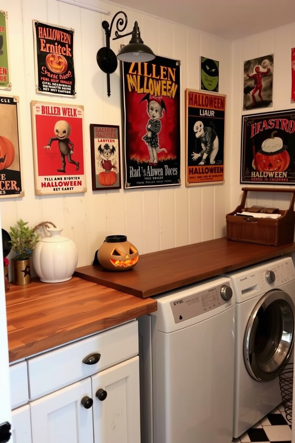 A cozy laundry room adorned with vintage Halloween posters on the walls. The room features a rustic wooden countertop and a vintage washing machine, creating a charming atmosphere.